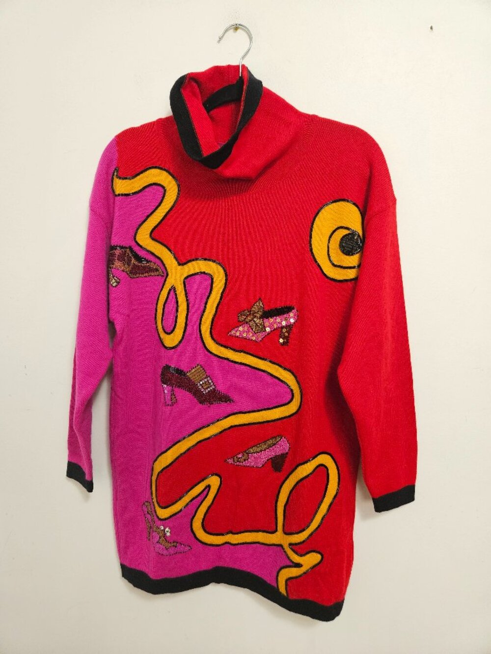 VTG 90s Escada Intarsia Tunic Sweater Sz S Multicolor Embellished